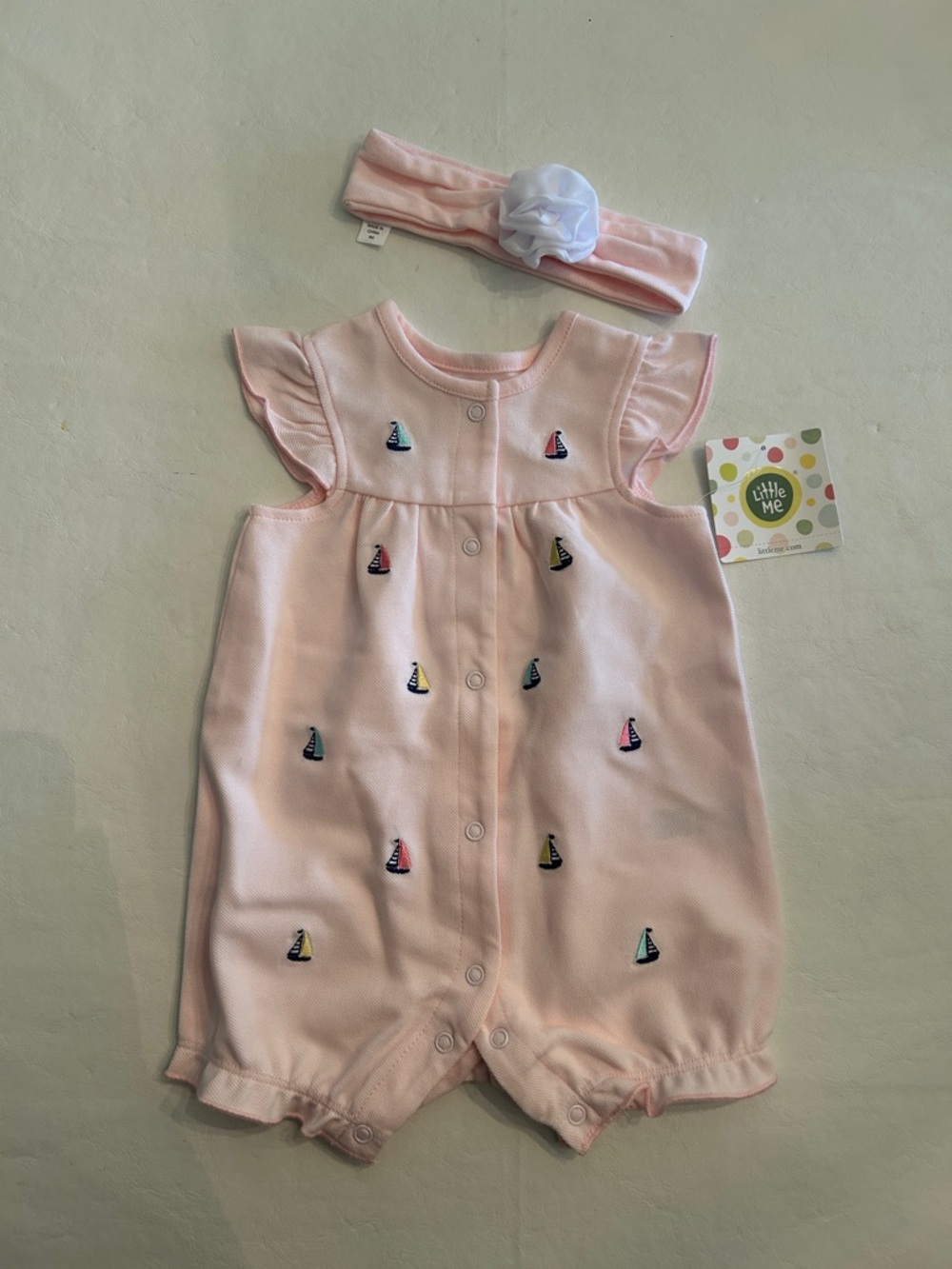 NWT Little Me Light Pink Baby Romper with Sailboat Detail and Headband